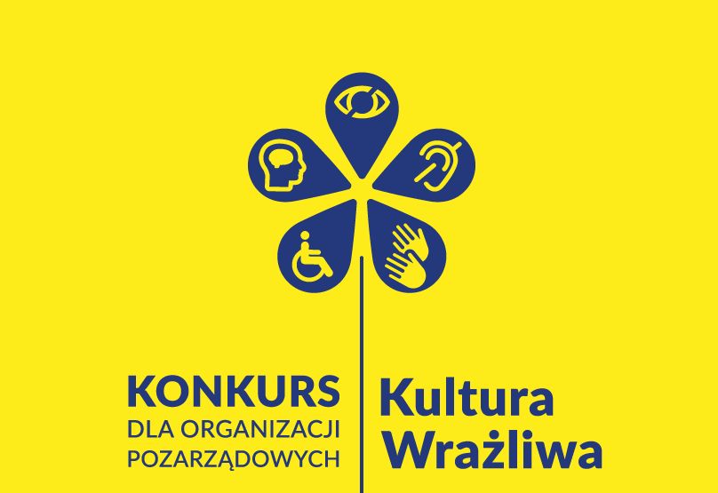 Na żółtym tle granatowe logo w kształcie kwiatka oraz napis Konkurs dla organizacji pozarządowych Kultura Wrażliwa