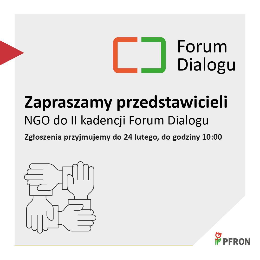 grafika szare tło 4 ręce trzymające się za nadgarstki czarny napis Forum Dialogu , logo pfron w prawym rogu 