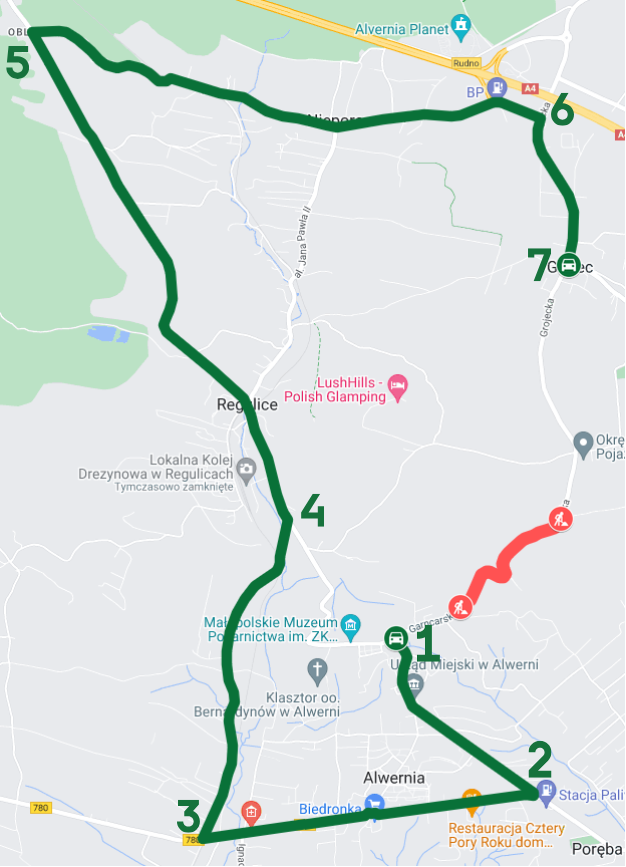 Mapa gminy Alwernia na której znajdują się dwie linie. Jedna zielona z trasą objazdu. Druga czerwona z remonotowanym odcinkiem. 