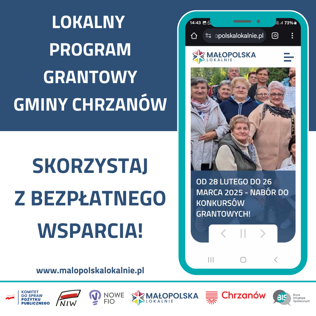 Grafika. Z lewej strony pole tekstowe. Na dole znaki graficzne, logotypy organizacji, z prawej strony kontur telefonu komórkowego, a w konturze zdjęcie grupy osób.