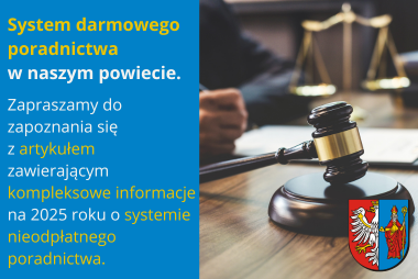 Grafika. Po lewej stronie znaduje się tekst opisujący czego dotyczy tematyka artykułu. Po prawej stronie się zdjęcie młotka używanego w sądach. W tle waga. W prawym dolnym rogu jest herb powiatu chrzanowskiego.