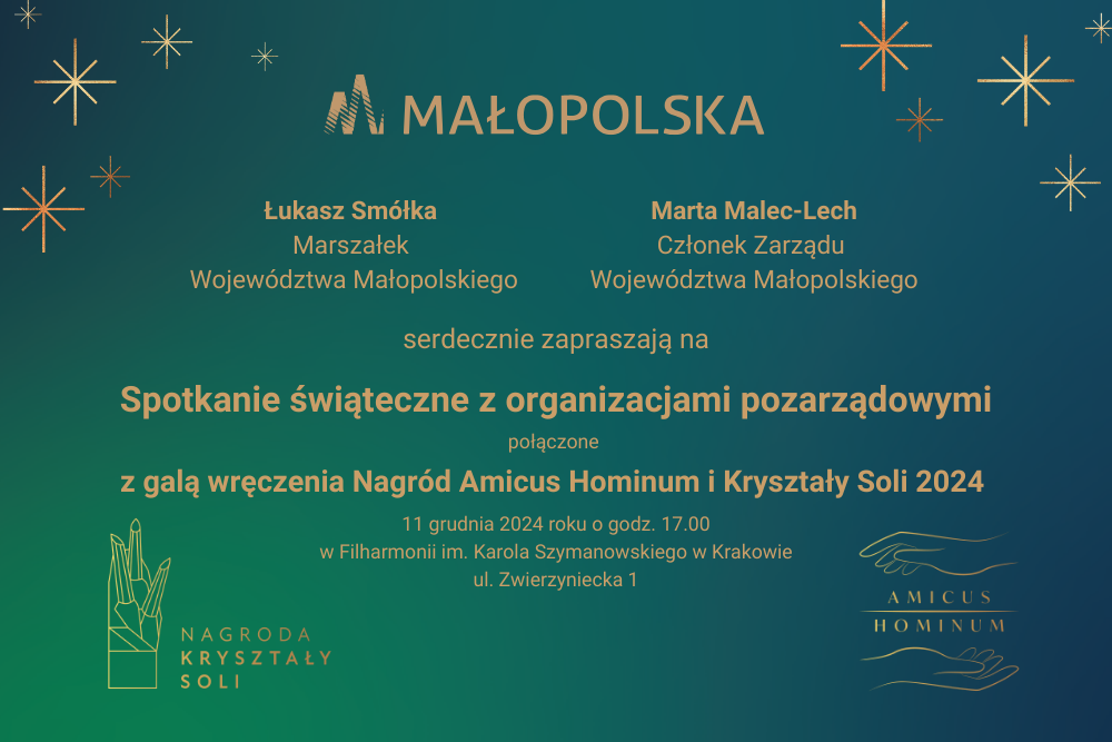 Plakat. Na górze widać logo Województwa Małopolskiego. Poniżej widać szczegółowe informacje o zaproszeniu na wydarzenie. 