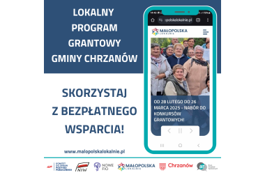 Grafika. Z lewej strony pole tekstowe. Na dole znaki graficzne, logotypy organizacji, z prawej strony kontur telefonu komórkowego, a w konturze zdjęcie grupy osób.