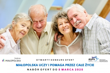 Zdjęcie 4 seniorów. Poniżej pole tekstowe oraz logotypy. 