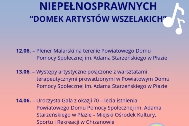 Plakat, różowe tło, domek, nutki, balony