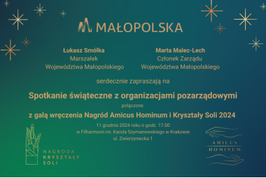 Plakat. Na górze widać logo Województwa Małopolskiego. Poniżej widać szczegółowe informacje o zaproszeniu na wydarzenie. 