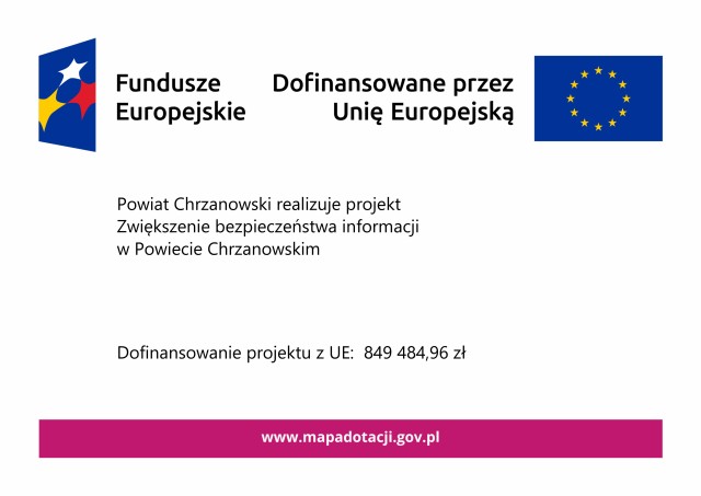 Biały plakat. Na górze 2 znaki graficzne wraz z napisami. Na środku informujący o relizacji projetku przez Powiat Chrzanowskim. Na dole kwota dofinansowania i link do strony www.